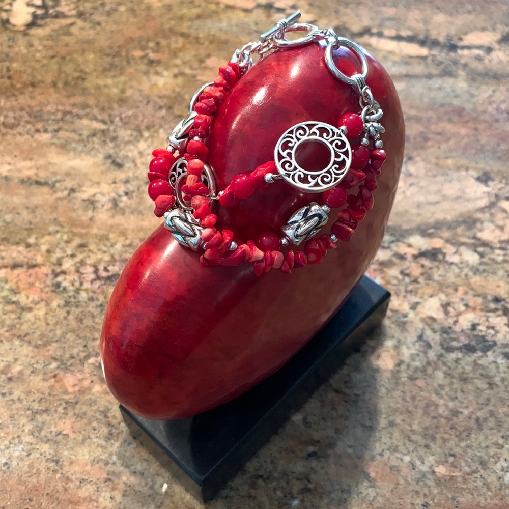 Multi Red Bead and Silver Disc Toggle Closure Bracelet